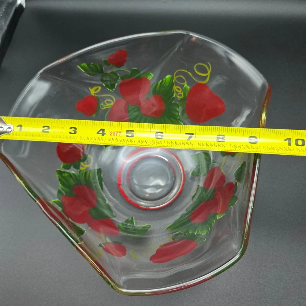 Hand Painted Strawberry Glass Serving Salad Bowl Triangular‎ Ruffled Clear Red